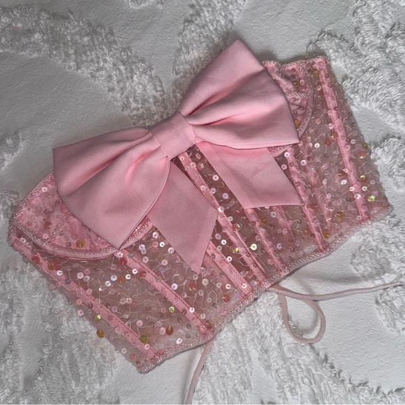 Baby Pink Sequin Tie-Back Bow Corset - Picture 4 of 12